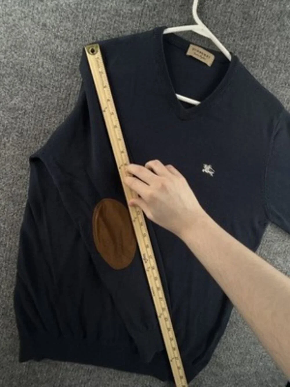 Burberry Italy Cotton Pullover Logo V-Neck Mens Blue Medium Elbow Patches Knit